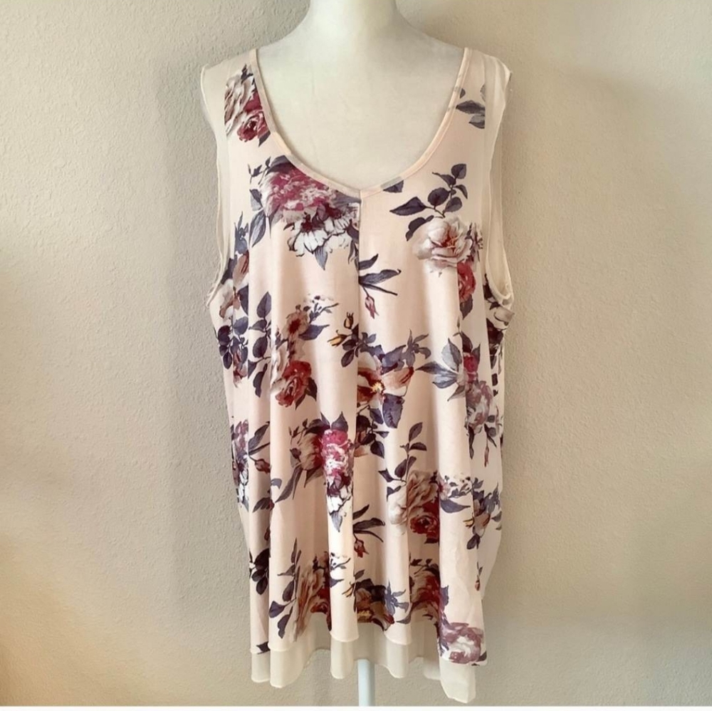 GRACE & LACE NEW Floral Layered KnitMesh Trapeze Tank Top Vneck